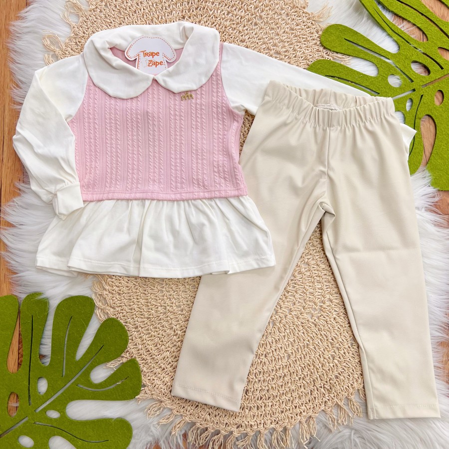 Conj. Blusa Manga Longa com Suéter e Calça Couro Ecológico - Rosa 